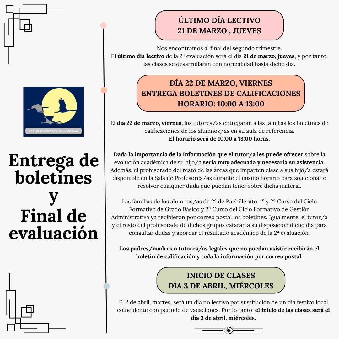 Fin de la 2ª evaluación y entrega de boletines