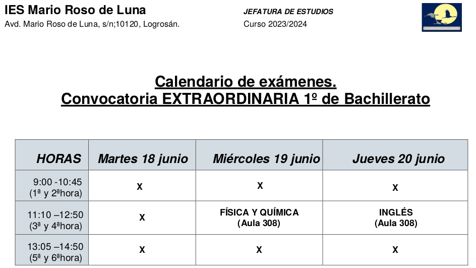 Calendario examenes extraordinaria 1º Bach